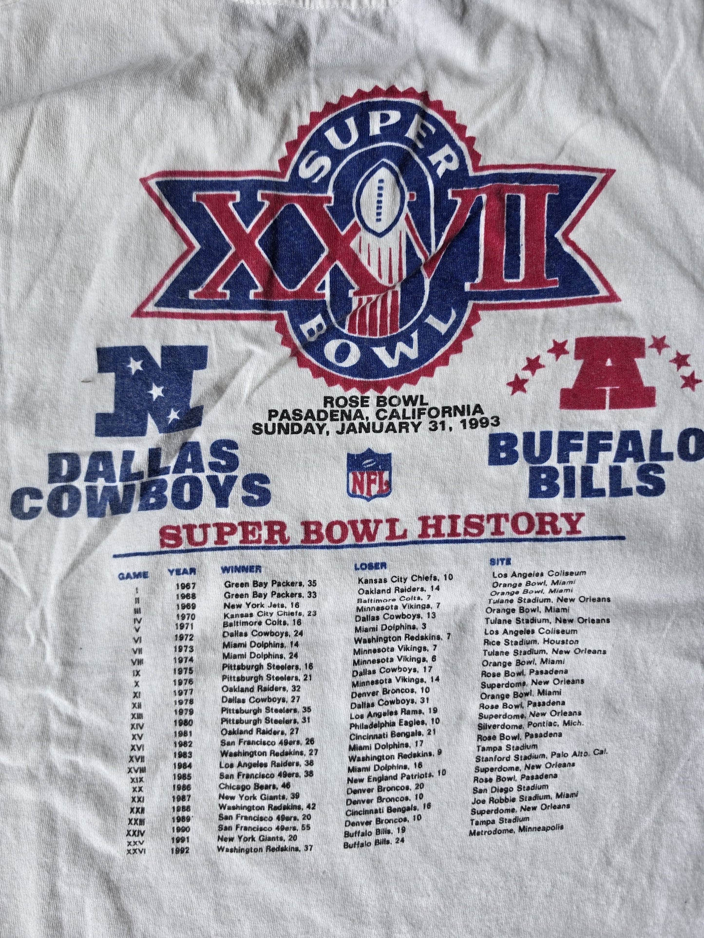 White 1993 Super Bowl Rose Bowl NFL Football Shirt (XL)